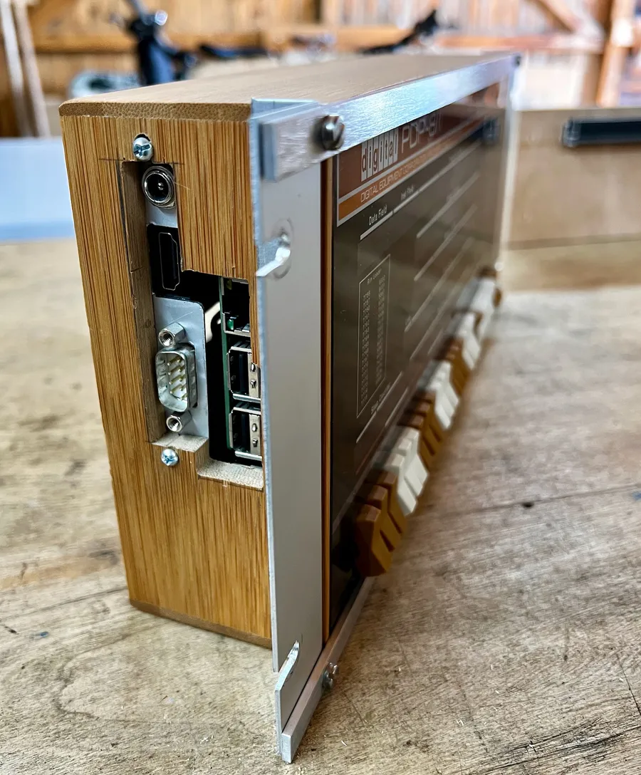 Click to view full size - Adding brackets to the PiDP-8.