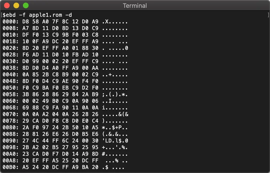 Click to view full size - ebd listing the Apple I Woz monitor
